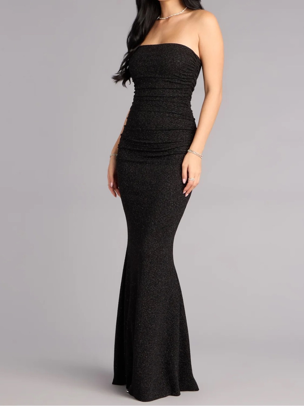 NWT Strapless Black Glitter Ruched Maxi Evening Gown Sz XS 0-2 $69.90